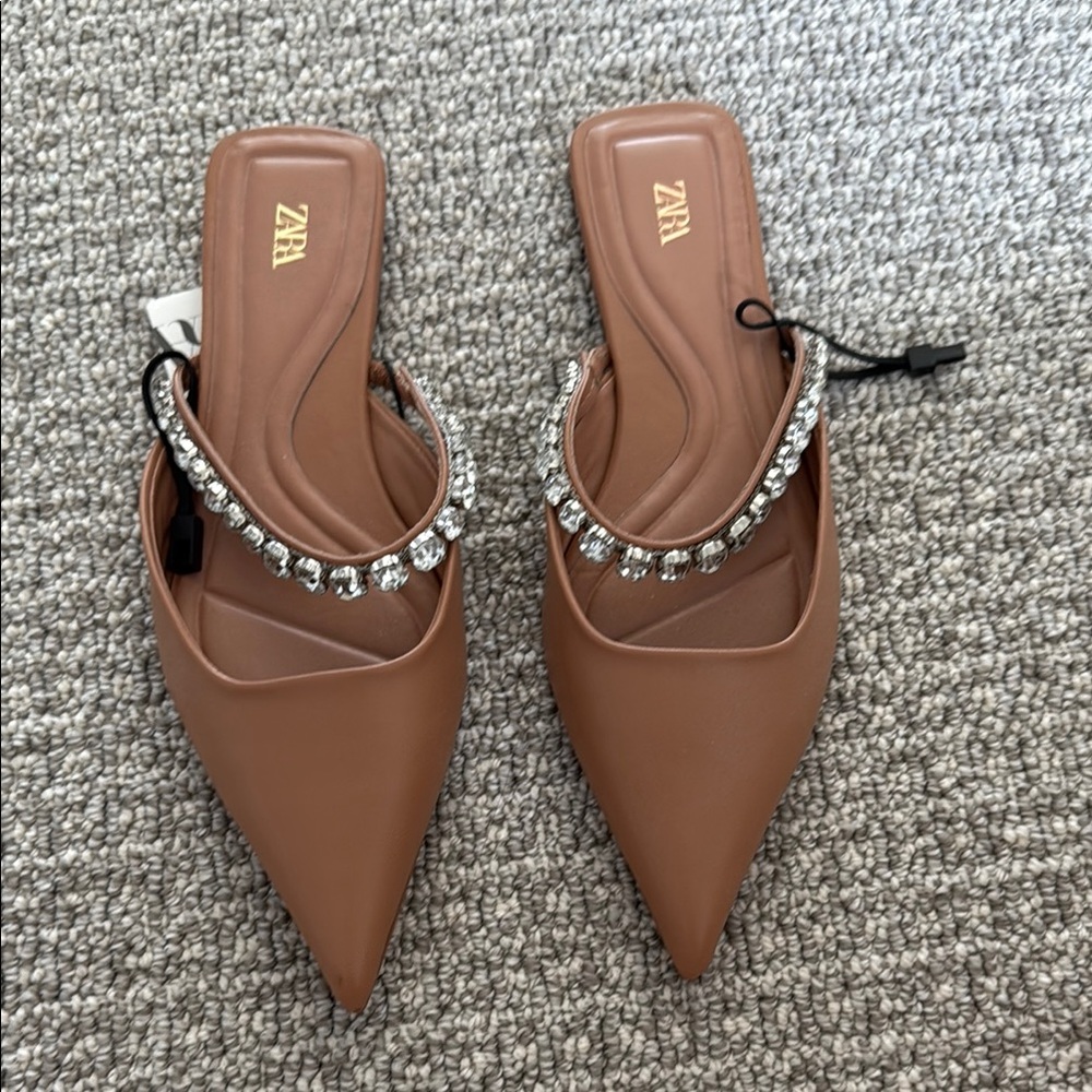 New Zara Brown Tan Slides Mules Shoes Embellish Straps 37 6.5